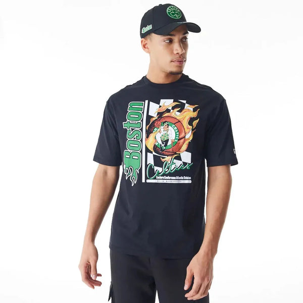 New Era Boston Celtics NBA Flame Print Black Oversized póló