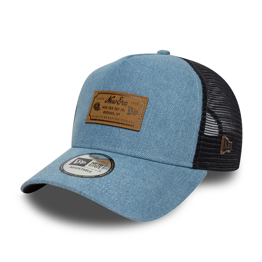 New Era Leather Patch Denim Navy 9FORTY A-Frame Trucker sapka