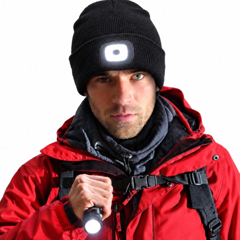 head Beanie With 4-Led Headlamp, 120 Lm, 3 Modes, For Outdoor Activities fekete kötött sapka GSP-1088211