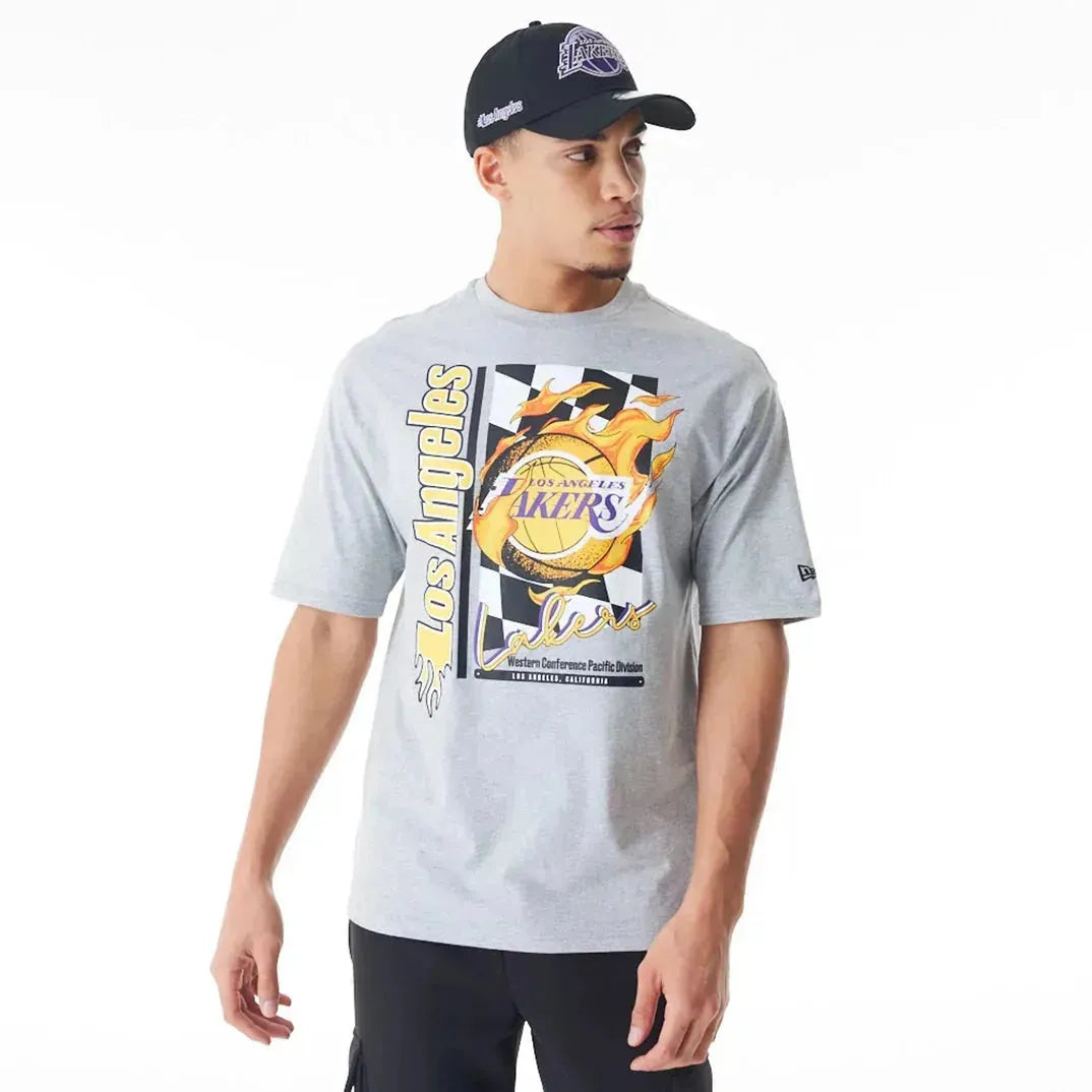 New Era LA Lakers NBA Flame Print Grey Oversized férfi póló