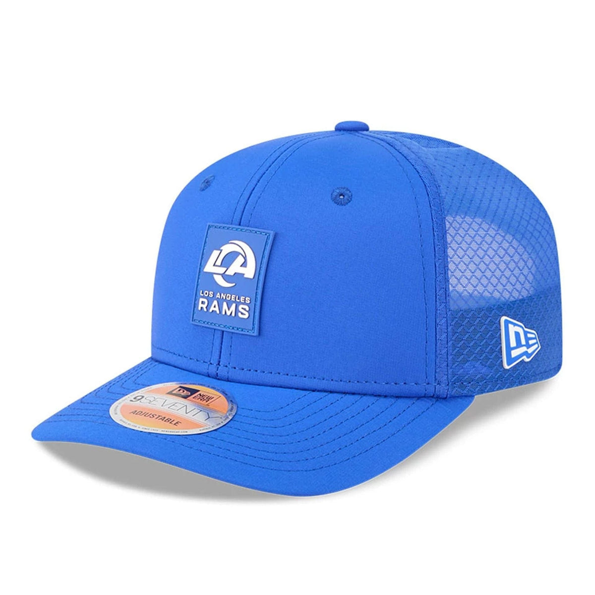 New Era LA Rams NFL Sideline 2025 Bright Blue 9SEVENTY Trucker Stretch Snap - baseball sapka