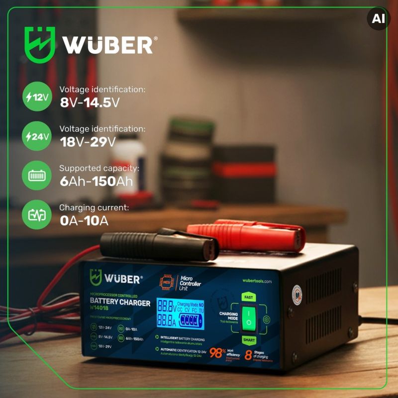 Roces Microprocessor car battery charger 10A 6-150 Ah 2-24 V WUBER sípcsontvédő