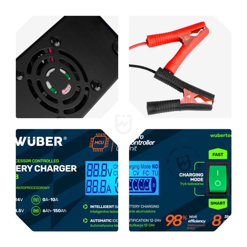 Roces Microprocessor car battery charger 10A 6-150 Ah 2-24 V WUBER sípcsontvédő