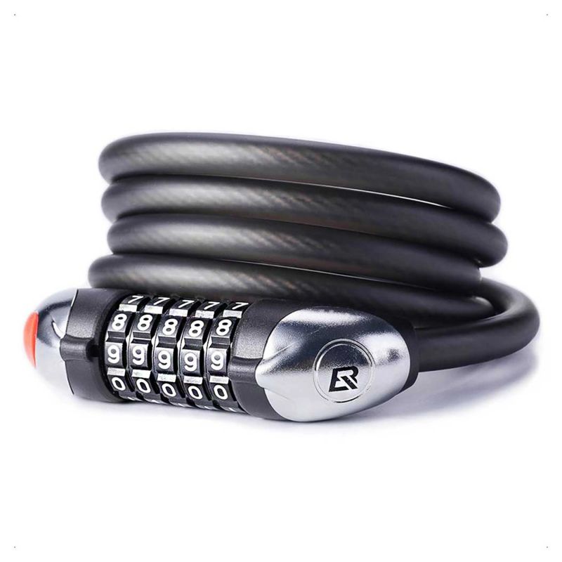 Rockbros bicycle lock with 5-digit code, steel cable, 120 cm, with LED lighting - black fekete