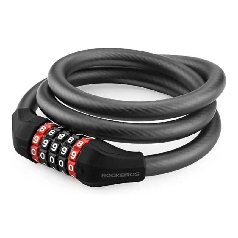 Rockbros bicycle lock with 5-digit code, steel cable, 120 cm, with LED lighting - black fekete