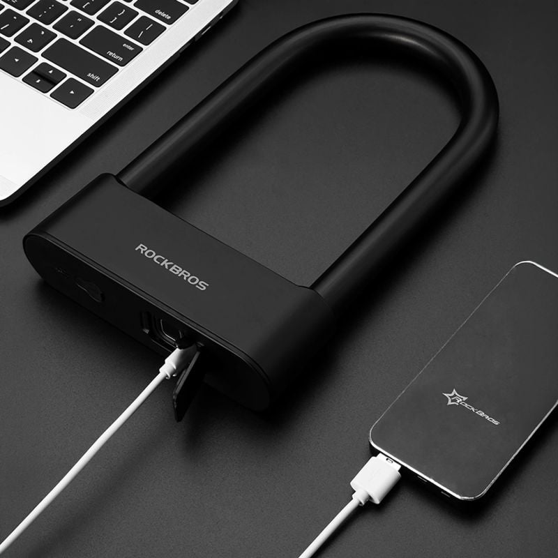Rockbros 32210818001 SMART Bicycle Lock with Fingerprint Reader and Bluetooth Connectivity - Black
