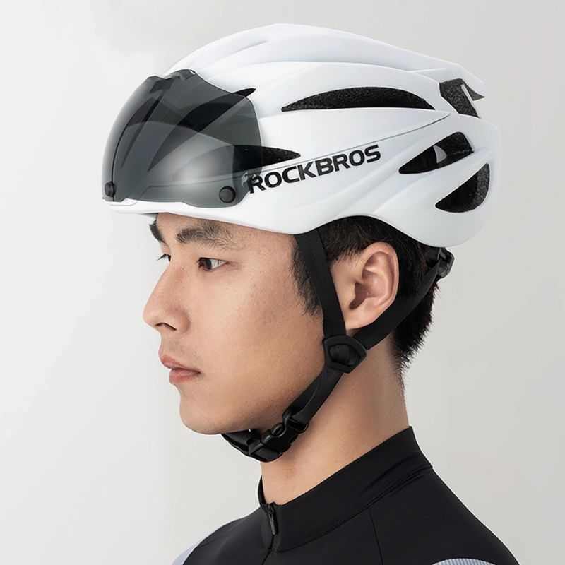 Rockbros Bike Helmet with Visor, Detachable UV Protective Goggles, Unisex, Matte - White biały helmets, glasses, training equipment