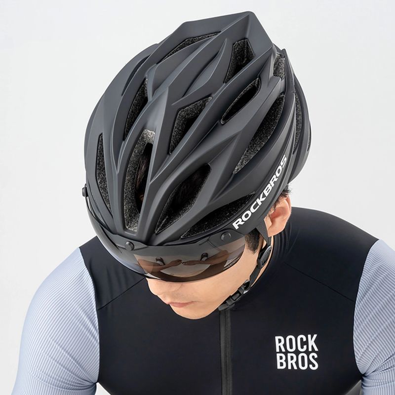 Rockbros Bike Helmet with Visor, Detachable UV Protective Goggles, Unisex - Black/Brown czarny || brązowy helmets, glasses, training equipment