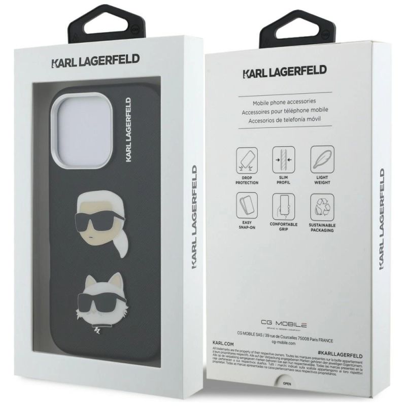 Karl Lagerfeld FW Grained Karl & Choupette Heads Pins Case for iPhone 16 Pro Max - fekete telefontok