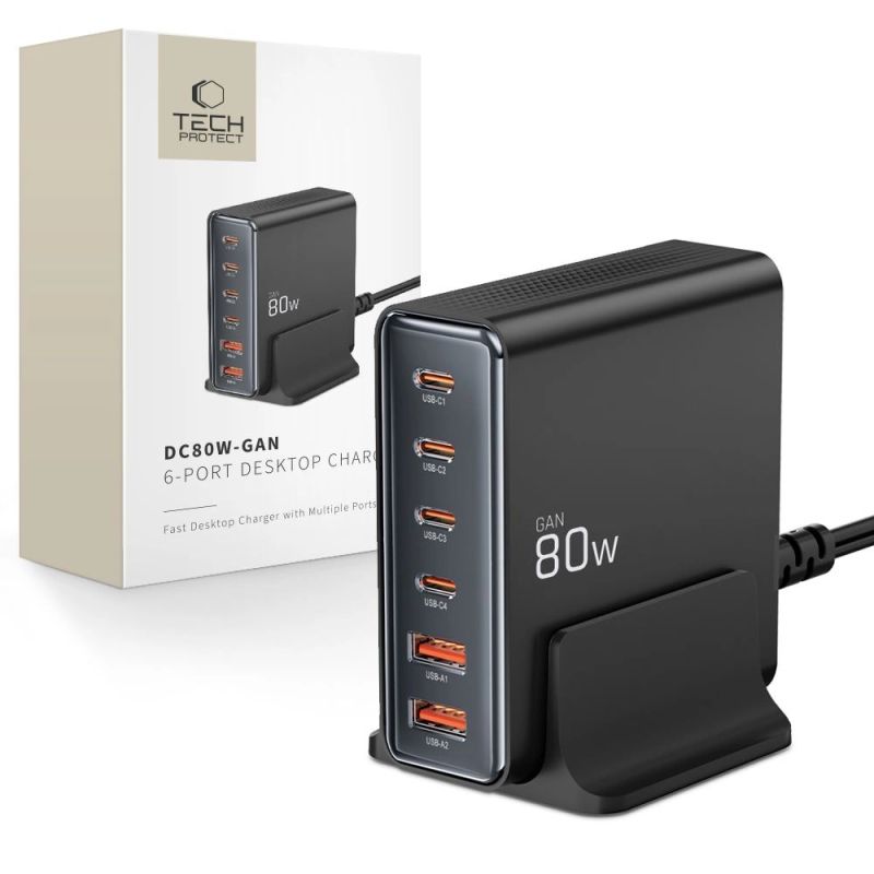 Tech-protect DC80W-GAN 6-PORT PD80W/QC3.0 Charging Station - fekete phone chargers