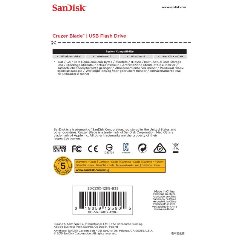 SanDisk Cruzer Blade SDCZ50-128G-B35 Flash Drive (128GB; USB 2.0; Black)