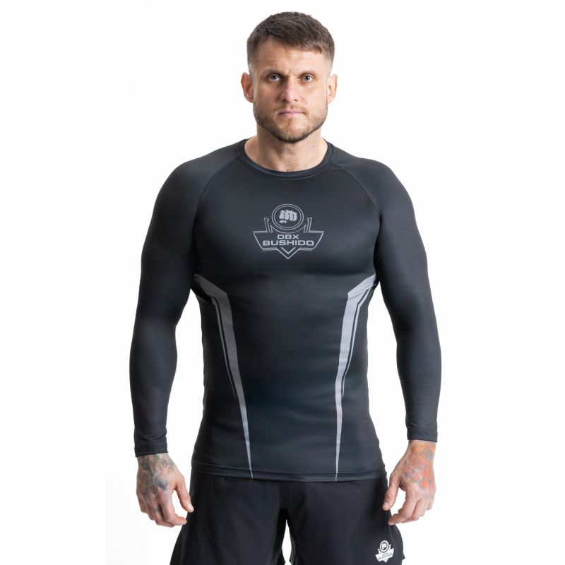 Gray long sleeve rashguard with DBX Bushido logo