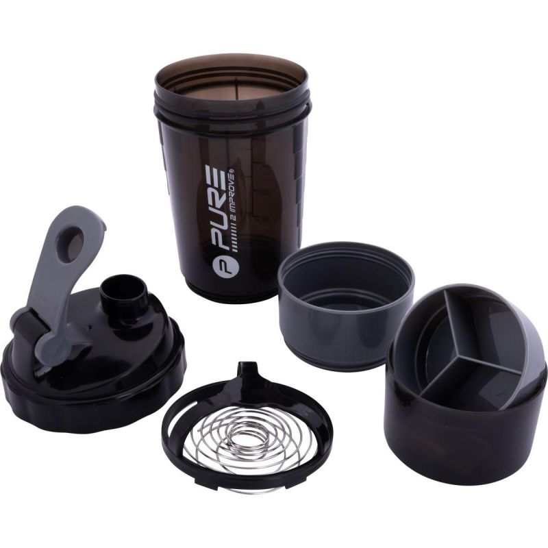 Pure 2 Improve Fitness Shaker Bottle 500ml Black Gray fekete water bottles, nutrients and supplements, training equipment