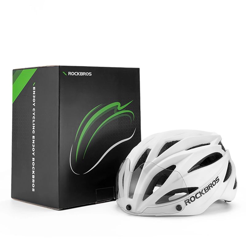 Rockbros Bike Helmet with Visor, Detachable UV Protective Goggles, Unisex, Matte - White biały helmets, glasses, training equipment