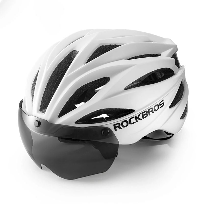 Rockbros Bike Helmet with Visor, Detachable UV Protective Goggles, Unisex, Matte - White biały helmets, glasses, training equipment