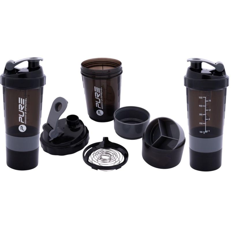 Pure 2 Improve Fitness Shaker Bottle 500ml Black Gray fekete water bottles, nutrients and supplements, training equipment