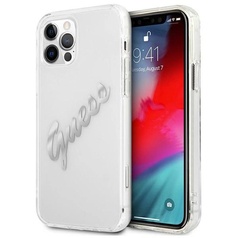 Guess GUHCP12MKTRSVSI iPhone 12/12 Pro 6.1" Transparent hardcase Vintage Script ezüst kabát