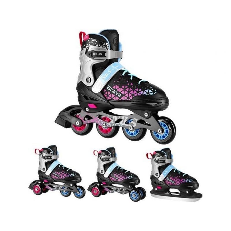 NH18190A 4-in-1 BRAVE PINK ROLLER SKATES SIZE S (29-33) WITH NILS EXTREME HOCKEY BOARD rózsaszín utcai cipő