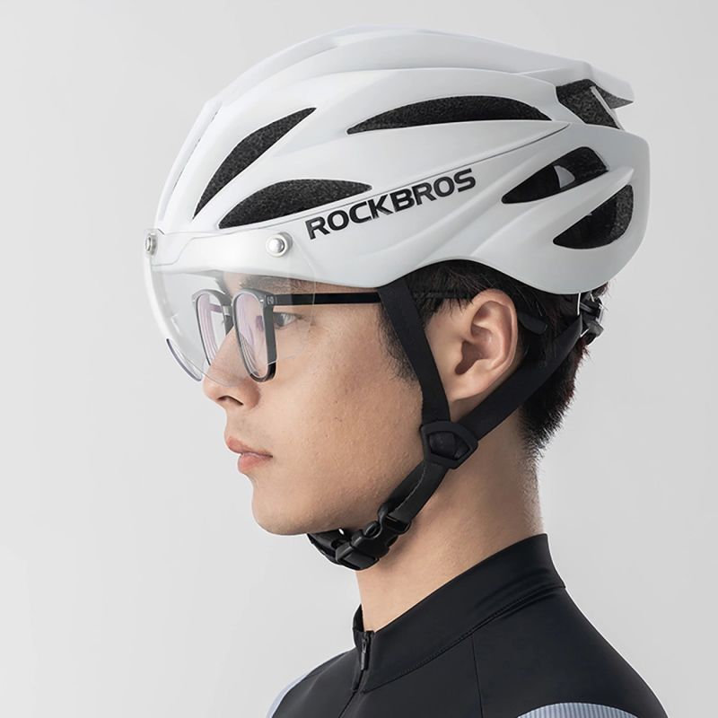 Rockbros Bike Helmet with Visor, Detachable UV Protective Goggles, Unisex, Matte - White biały helmets, glasses, training equipment