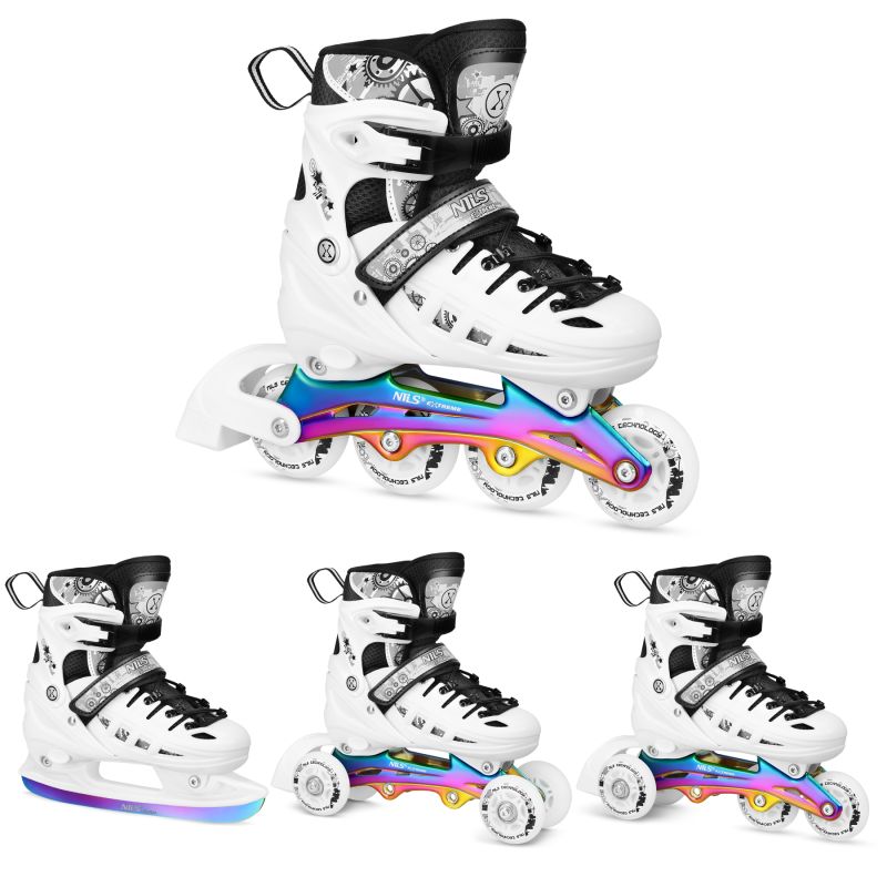 NH10905 4in1 LED WHITE ROLLER SKATES WITH RAINBOW HOCKEY BLADE SIZE M (35-38) NILS EXTREME fehér utcai cipő